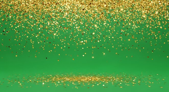 Golden Glitter Falling on a Vibrant Green Background.