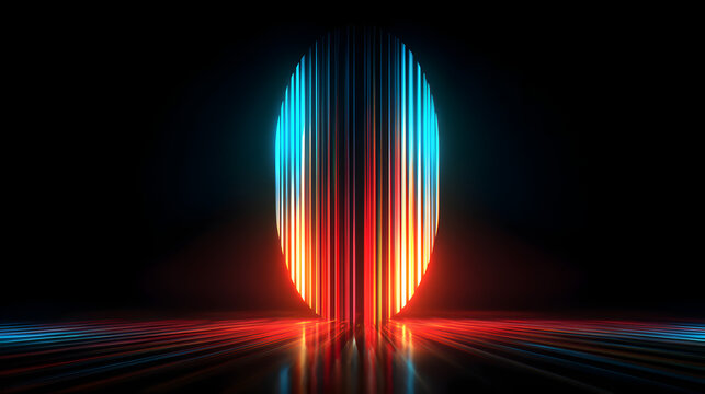 Dynamic glowing portal of vibrant red and blue lights illuminates a sleek, reflective surface in a dark, futuristic environment.