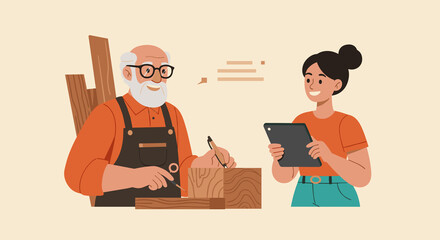 Senior carpenter mentoring a young woman in a woodworking workshop. Collaboration between an elderly craftsman and a student with a tablet. Intergenerational skills transfer concept