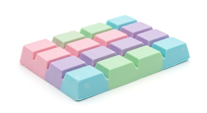 Rectangular confectionery bar segmented into colorful, bite-sized blocks displays pastel shades against a white background