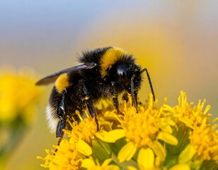 Close-up view of a fuzzy bumblebee feeding on vibrant yellow wildflowers under soft sunlight