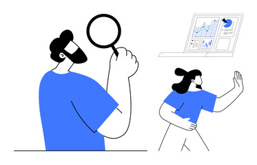 Man with magnifying glass and woman gesturing toward laptop displaying data insights. Ideal for analytics, teamwork, data analysis, research, collaboration, decision-making, simple flat metaphor