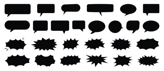 Comic burst, speech bubble, and text box silhouettes in vector style. essential graphic elements set for comic design, pop art, dialog highlights, and creative retro style storytelling. vector eps