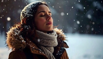 A close-up portrait of a person shivering in the cold winter snow