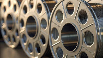 Obraz premium Empty Reflective Film Reels in Standard View on Dark Background