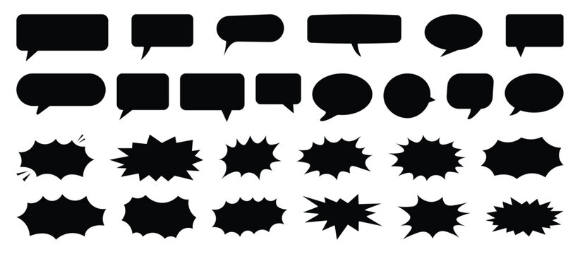 Comic burst, speech bubble, and text box silhouettes in vector style. essential graphic elements set for comic design, pop art, dialog highlights, and creative retro style storytelling. vector eps