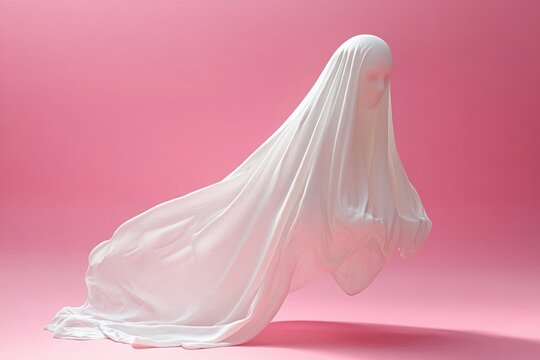A ghostly figure draped in smooth flowing white fabric floating against a soft pink background, evoking a serene and mysterious atmosphere