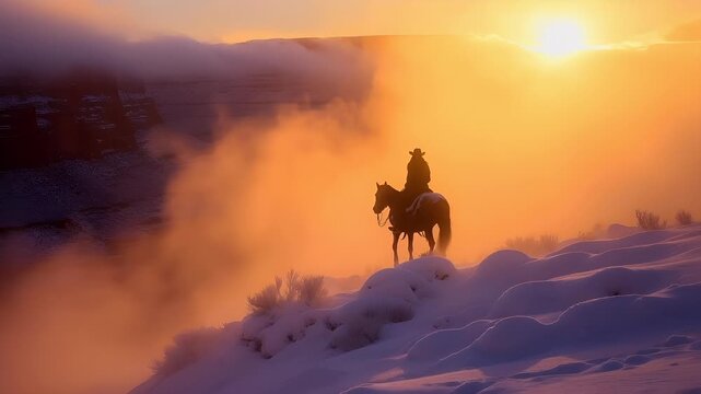 A silhouette of a cowboy riding a horse against a sunset. The cowboy is positioned in the foreground, with the horse slightly behind. The sky is a gradient of orange and yellow hues.