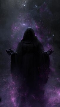 close up a dark mysterious ghost in black robe surround with purple glitter glow starlight 