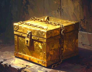 Close-up view of a gold chest, locked and chained, sitting in an old structure