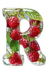Fruit alphabet. Letter "R." Realistic letterforms made of colorless gel with raspberries inside on a transparent background.