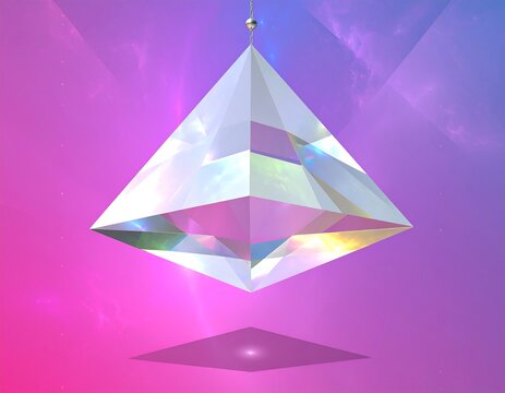 A clear, geometric pyramid prism suspended, casting a shadow, set against a nebula-like background