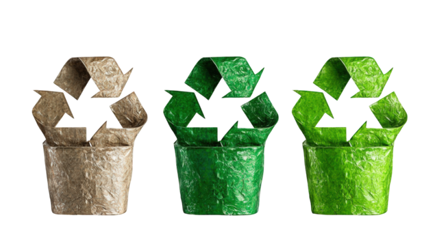 Three recycling symbols in textured containers