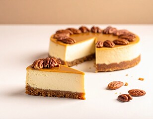 Entire creamy cheesecake with a slice taken out and topped with crunchy pecans and sweet caramel sauce sits on a bright surface.