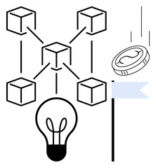Obraz premium Interconnected cubes signify a blockchain network, lightbulb for innovation, coin for cryptocurrency, and flag for achievement. Ideal for technology, finance, blockchain, innovation, strategy