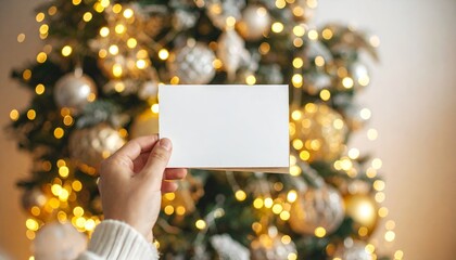 Hand holding blank card against blurred Christmas tree with lights and ornaments