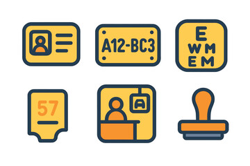 Various identification icons and symbols including ID card, license plate, membership card, and rubber stamp