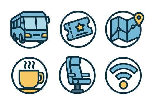 Travel icons showcasing bus transport, ticket, map, coffee, seat, and Wi-Fi for easy planning and connectivity on journeys