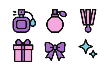 Colorful collection of perfume bottles and gift boxes with bows on a white background