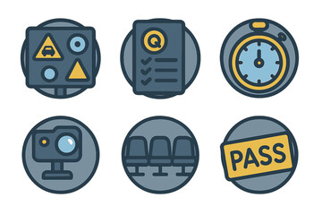 Traffic safety symbols and examination preparation icons arranged in a grid format highlighting important travel elements