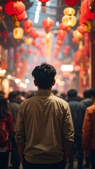 Obraz premium A man immersed in the vibrant atmosphere of Chinatown during Chinese New Year.
