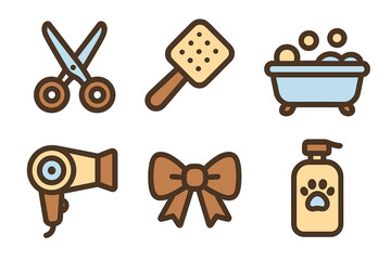 Grooming tools including scissors, brushes, and a bathtub for pet care