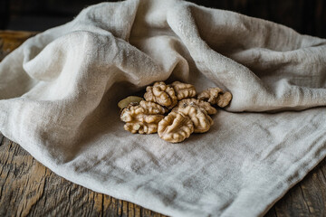 Rustic Still Life of Natural Walnuts on Linen Fabric Nutty Healthy Food Snack Organic Harvest Autumn Concept Generative AI