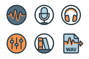 Creative audio icons showcasing sound waves, microphone, headphones, sound sliders, books, and WAV file illustration