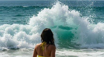 Woman in yellow bikini watches a massive ocean wave crash on the beach.