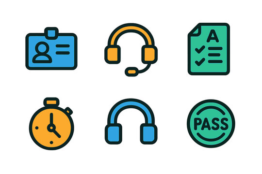 Icons representing various aspects of customer service training and online support activities in a modern workplace setting