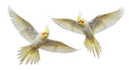 Obraz premium Pair of cream cockatiel parrots with orange cheeks flying high