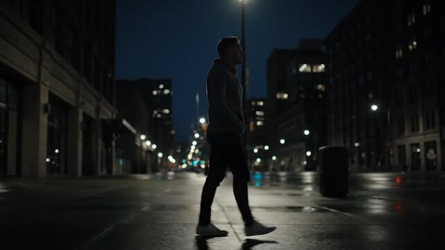 A person in a hoodie walks down an empty street at night, with streetlights illuminating the scene
