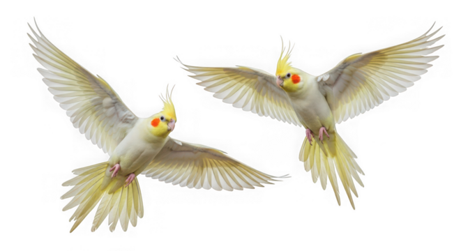 Pair of cream cockatiel parrots with orange cheeks flying high