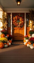 Front door with a vibrant autumn wreath and an abundance of pumpkins and mums decorating the porch. Seasonal home decor for Thanksgiving and fall season.