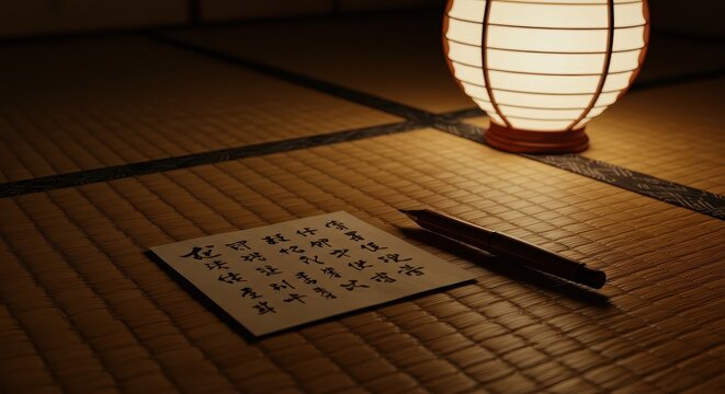 Illuminated paper bearing calligraphy rests beside writing implements on a woven floor covering