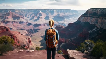 A vivid, highresolution digital artwork of a woman hiker overlooking a vast canyon landscape. The style is realistic with a touch of fantasy, and the coloration is rich and varied, with the reds.