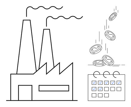 Industrial factory with chimneys and planning calendar alongside falling coins representing profits, productivity, and scheduling. Ideal for manufacturing, economy, time management, business