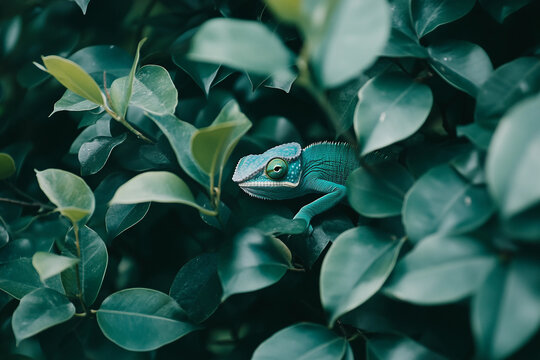 Generative AI image of vibrant green chameleon camouflaging among leaves in tropical summer forest with detailed skin and jungle background