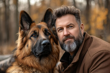 Generative AI image of a small Pekingese dog sitting beside a leather travel bag in a forest park filled with autumn leaves and warm colors