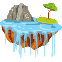 Pixel Art Floating Island With Waterfall A Rocky Mountain A Small Tree And Green Grass On A White Background