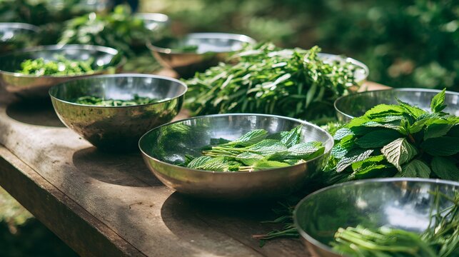Multiple metal bowls filled with fresh green herbs sit arranged upon a wooden surface outdoors