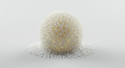 Intricate three dimensional lattice structure forms a delicate porous sphere resting on a flat surface