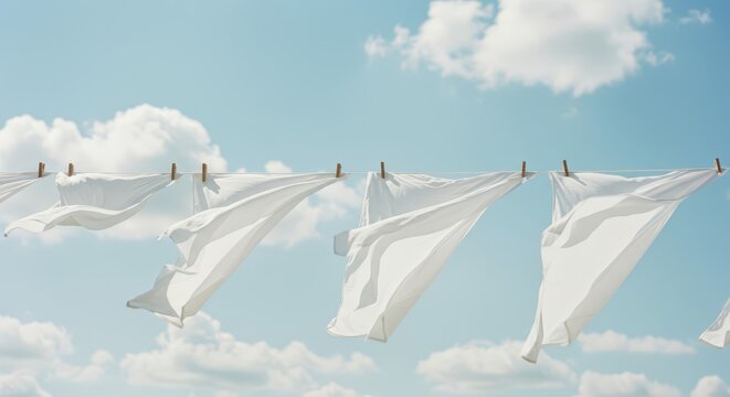 Bright white fabric billows dynamically while drying outdoors on a clothesline against a clear blue sky.