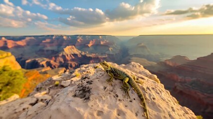A vivid, highresolution photograph of a lizard on a rock, set against a backdrop of the grand canyon. The lizard is positioned on the rock, with its body facing forward.