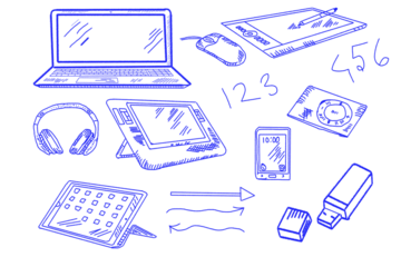 Digital devices and technology gadgets, hand-drawn blue outline