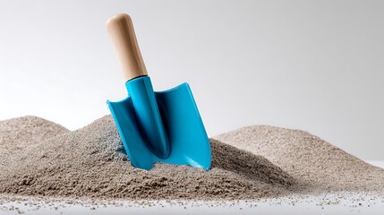blue shovel in the sand isolated on white background 
