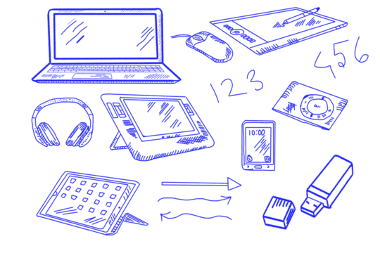 Digital devices and technology gadgets, hand-drawn blue outline