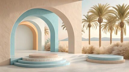 Desert architecture with pastel arches and palm trees, modern Mediterranean scene, travel backdrop, exotic vacation destination, luxury minimalist courtyard, serene environment