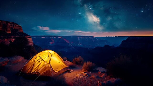 A vivid night scene featuring a tent set up on a rocky terrain. The tent is illuminated in a warm yellow hue, contrasting with the cool blue and purple hues of the surrounding environment.