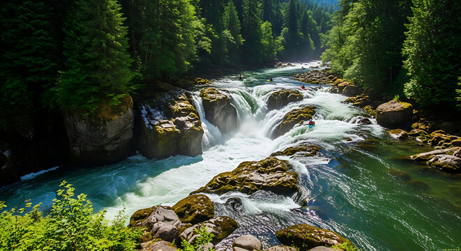 A scenic view of a river cascading over rocks with kayakers paddling through the rushing water flow ai generated